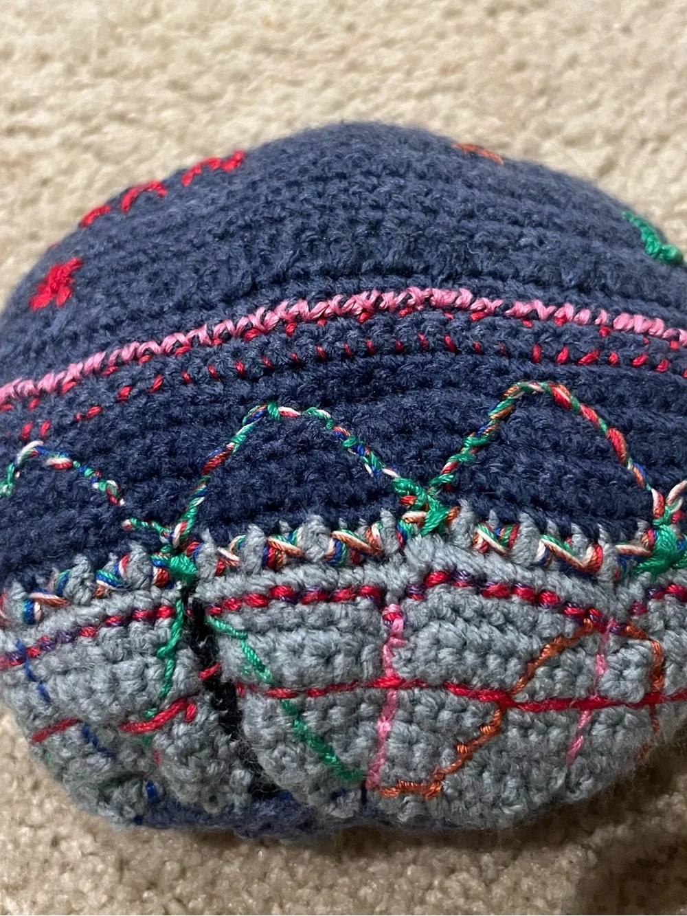 Handmade Crocheted Round Decorative Pillow – Embroidered Folk-Art Design